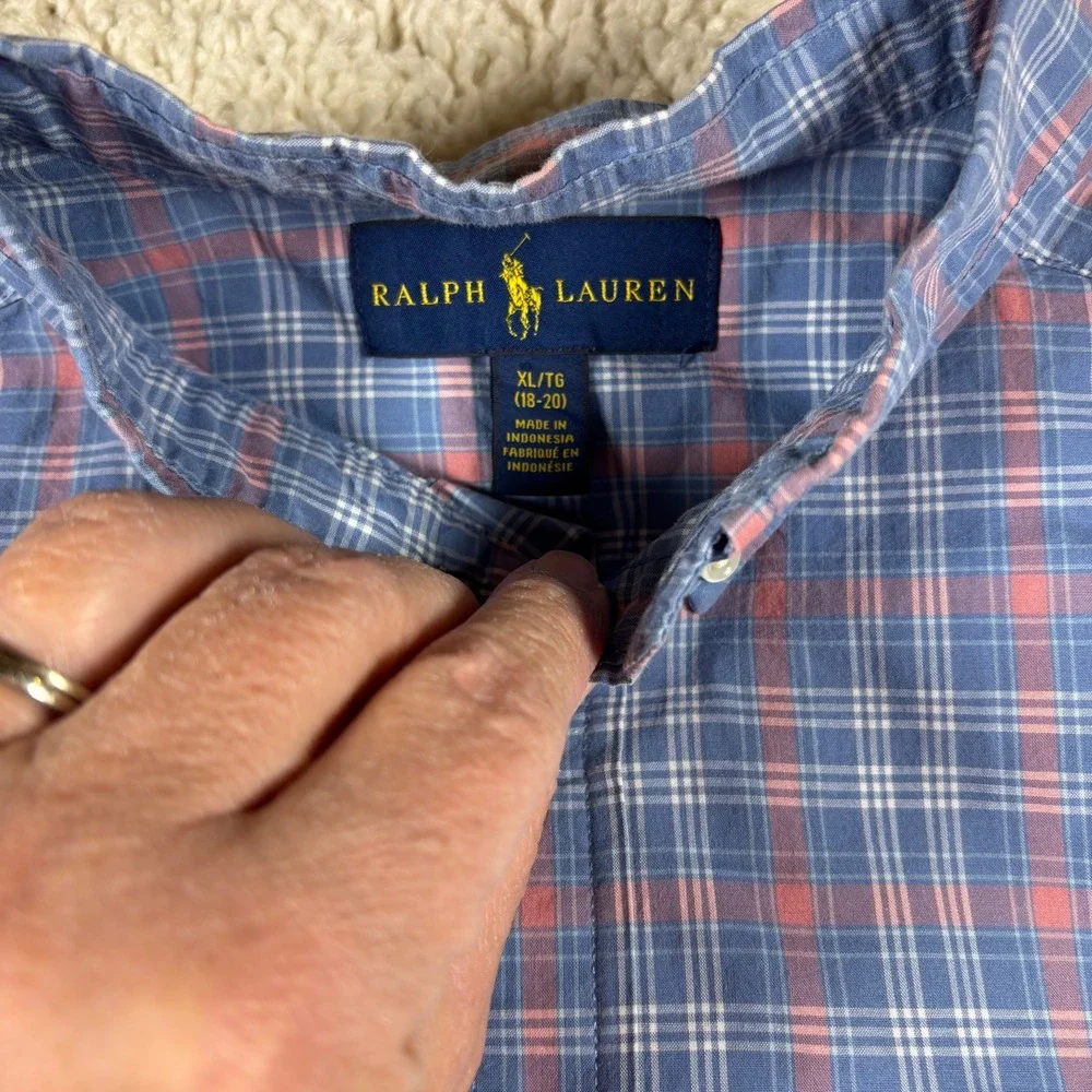 Kids Ralph Lauren Plaid Button Down Shirt Long Sleeve Classic Fit Blue Orange XL